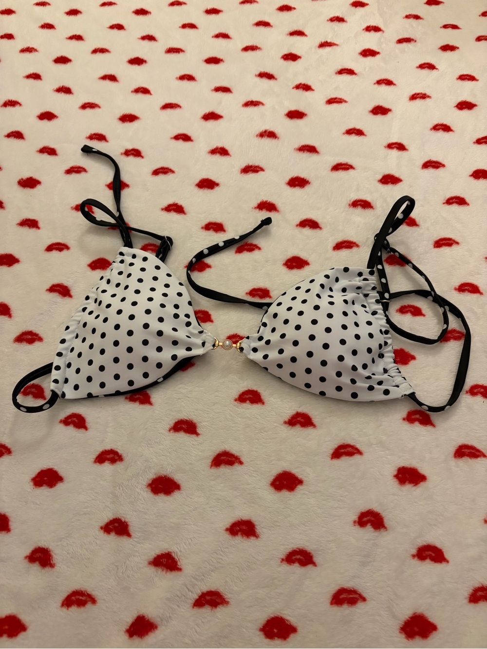 SHEIN White and Black Polka Dot Triangle Bikini Top
